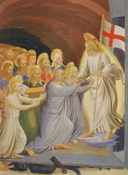 Sceny z życia Chrystusa, trzeci panel przedstawiający zejście do limuzyny, szczegół grupy przed Chrystusem, 1450-3 tempera na drewnie